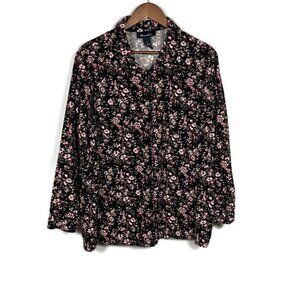 Denim & Co Womens Corduroy Button Up Shirt Size 1X Dark Floral Bohemian Casual